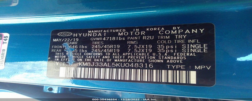 KM8J33AL5KU048316 2019 HYUNDAI TUCSON photo no. 9