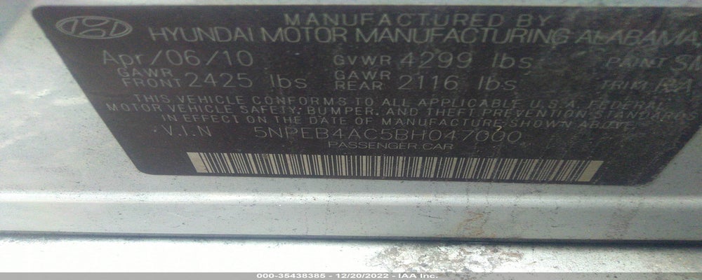 5NPEB4AC5BH047000 2011 HYUNDAI SONATA photo no. 9