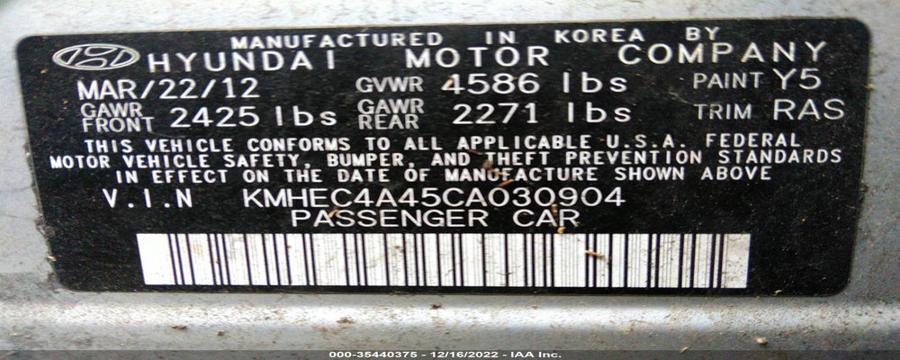 KMHEC4A45CA030904 2012 HYUNDAI SONATA photo no. 9