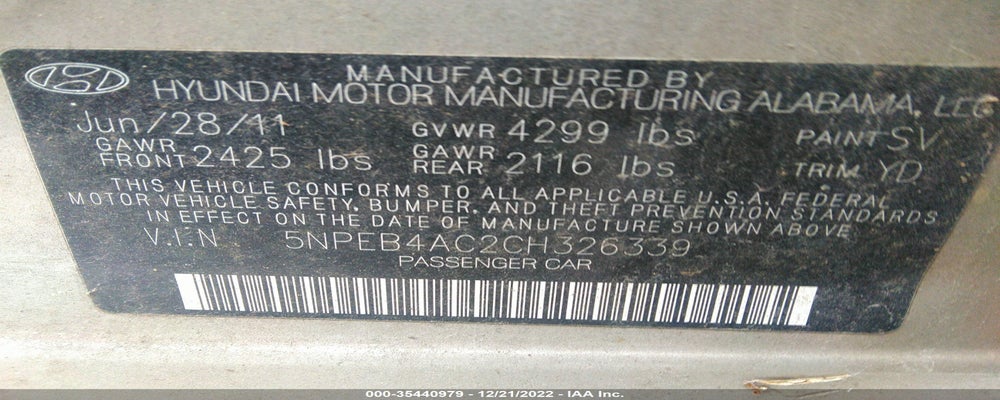 5NPEB4AC2CH326339 2012 HYUNDAI SONATA photo no. 9