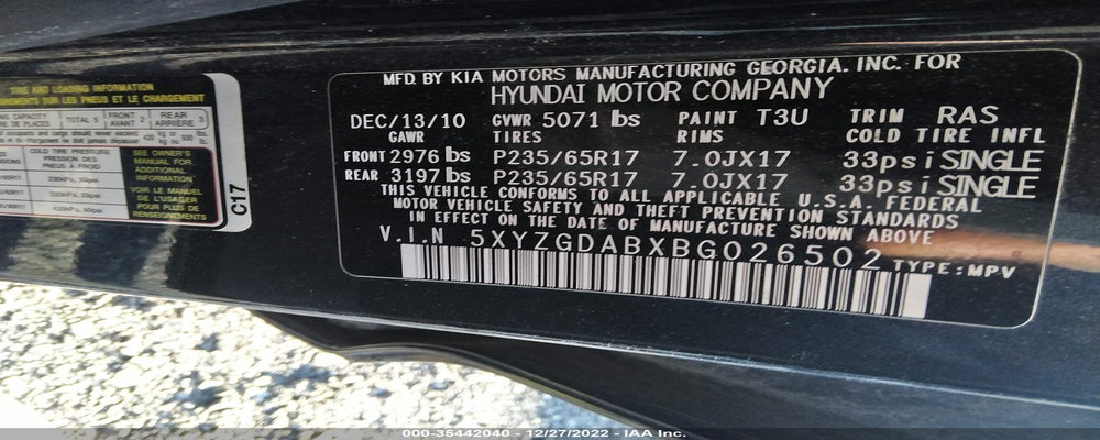 5XYZGDABXBG026502 2011 HYUNDAI SANTA FE photo no. 9