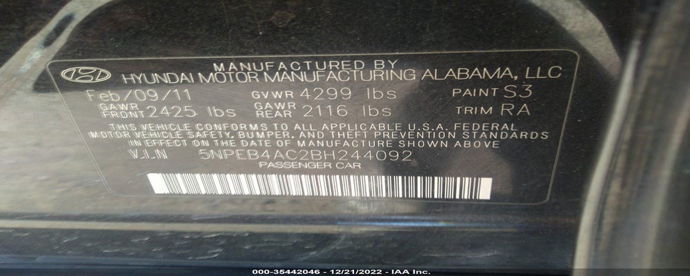 5NPEB4AC2BH244092 2011 HYUNDAI SONATA photo no. 9