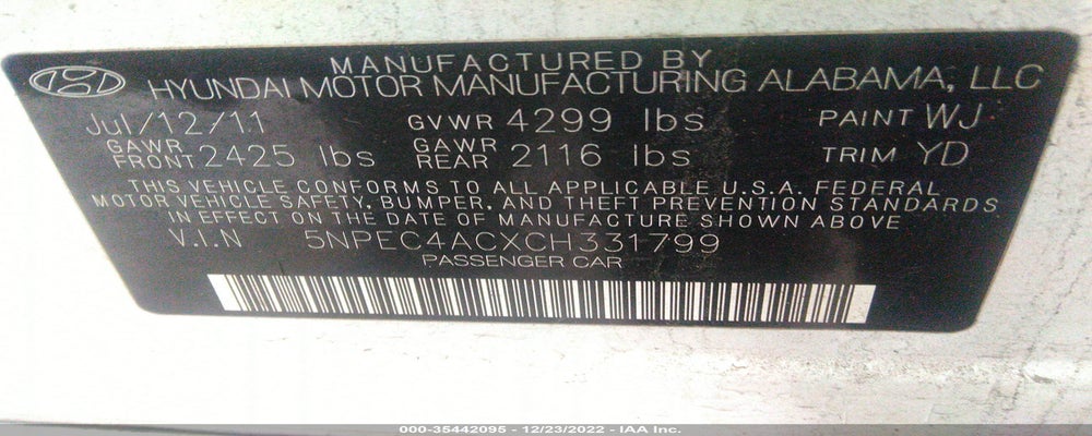5NPEC4ACXCH331799 2012 HYUNDAI SONATA photo no. 9