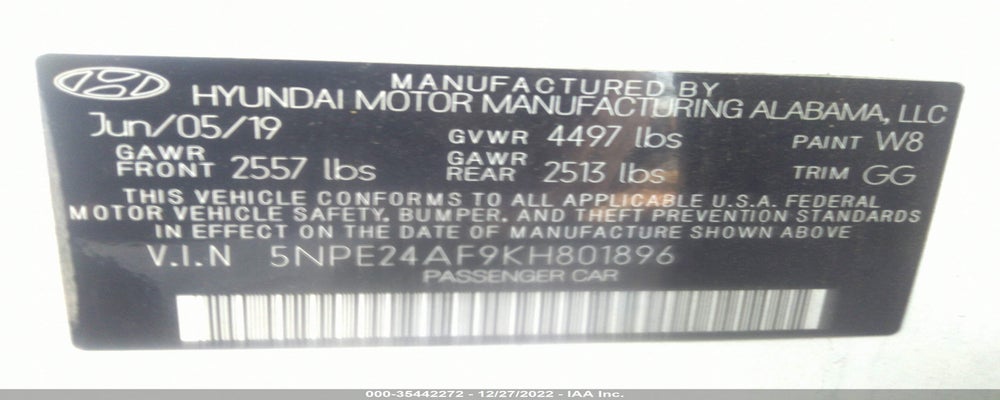 5NPE24AF9KH801896 2019 HYUNDAI SONATA photo no. 9