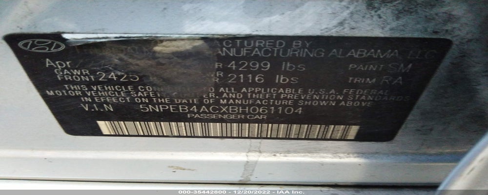 5NPEB4ACXBH061104 2011 HYUNDAI SONATA photo no. 9