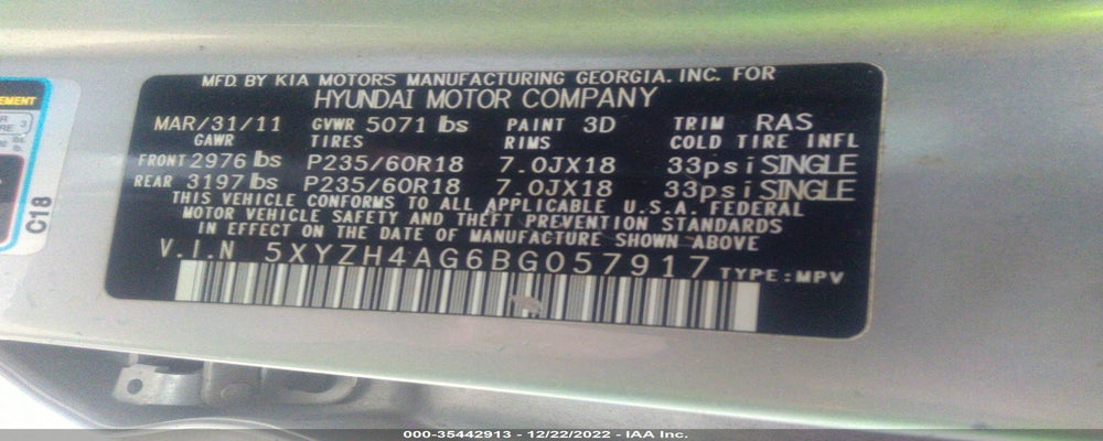 5XYZH4AG6BG057917 2011 HYUNDAI SANTA FE photo no. 9