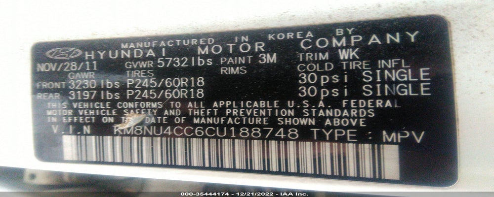 KM8NU4CC6CU188748 2012 HYUNDAI VERACRUZ photo no. 9