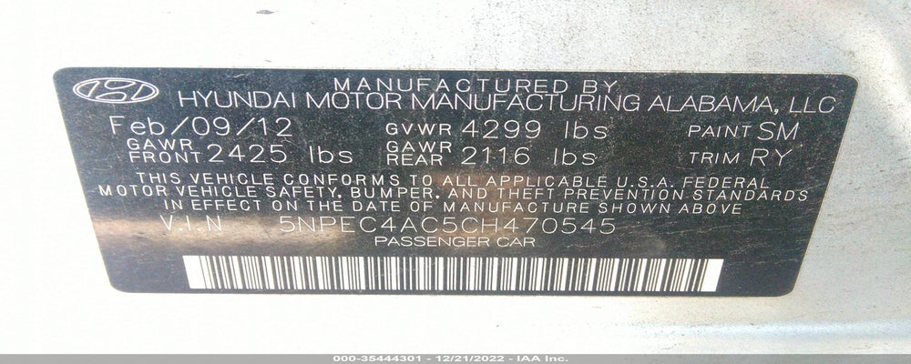 5NPEC4AC5CH470545 2012 HYUNDAI SONATA photo no. 9