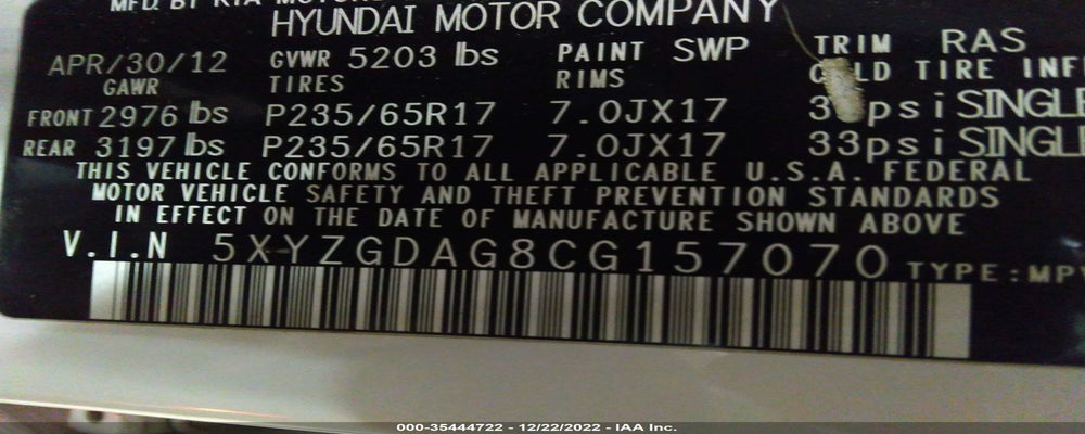 5XYZGDAG8CG157070 2012 HYUNDAI SANTA FE photo no. 9