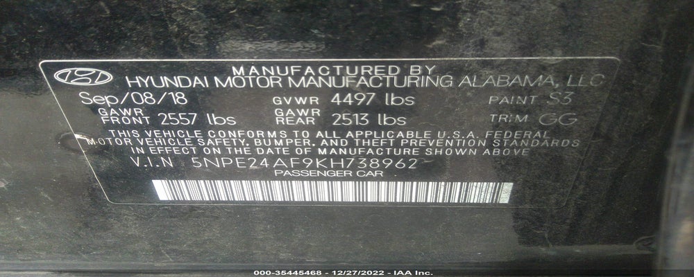 5NPE24AF9KH738962 2019 HYUNDAI SONATA photo no. 9
