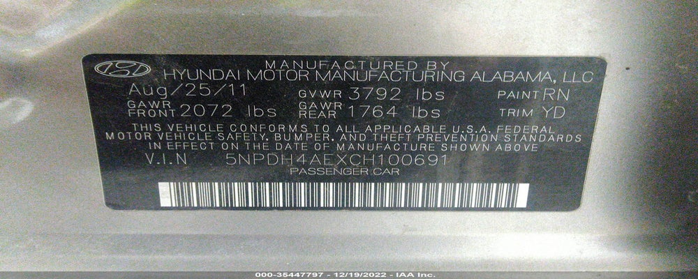 5NPDH4AEXCH100691 2012 HYUNDAI ELANTRA photo no. 9