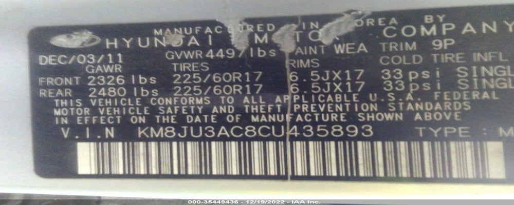 KM8JU3AC8CU435893 2012 HYUNDAI TUCSON photo no. 9