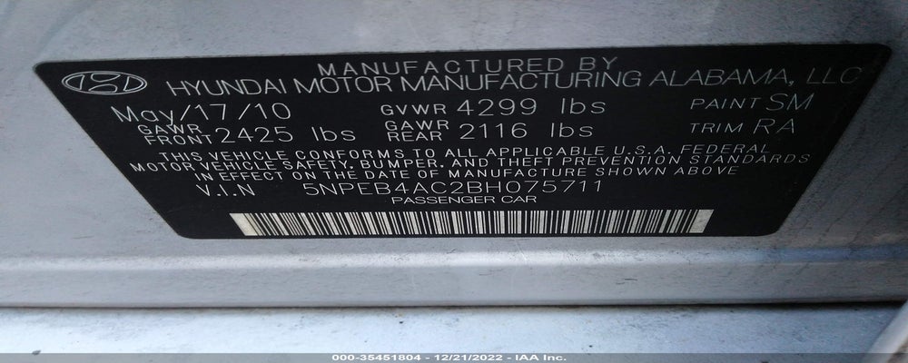 5NPEB4AC2BH075711 2011 HYUNDAI SONATA photo no. 9
