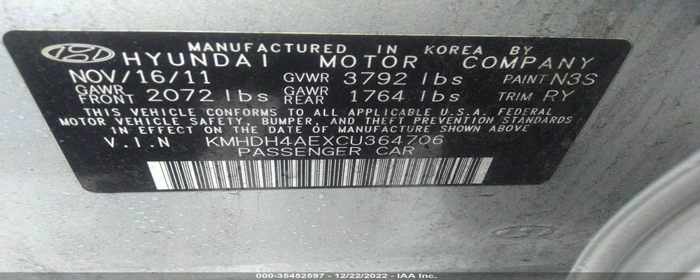 KMHDH4AEXCU364706 2012 HYUNDAI ELANTRA photo no. 9