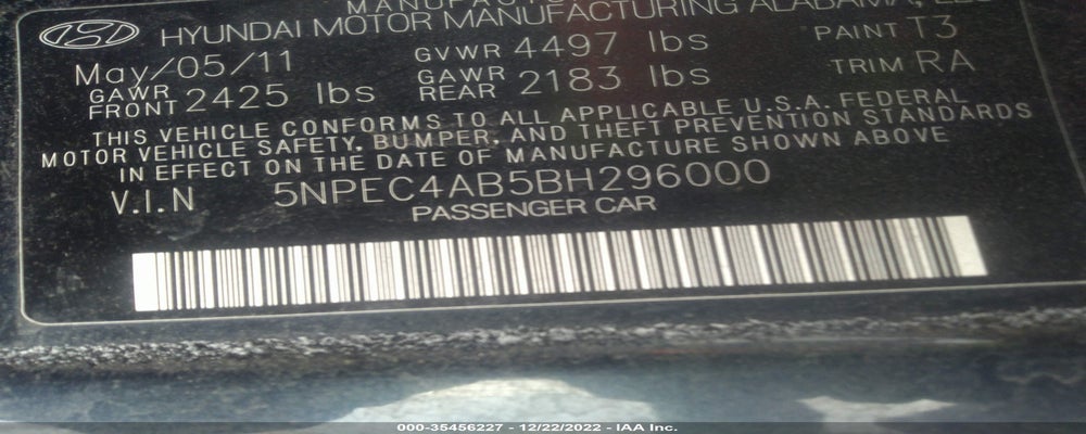 5NPEC4AB5BH296000 2011 HYUNDAI SONATA photo no. 9