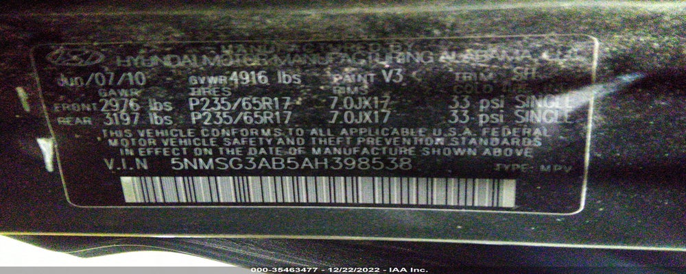 5NMSG3AB5AH398538 2010 HYUNDAI SANTA FE photo no. 9