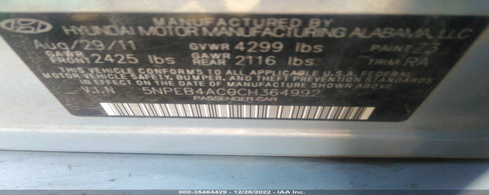 5NPEB4AC0CH364992 2012 HYUNDAI SONATA photo no. 9