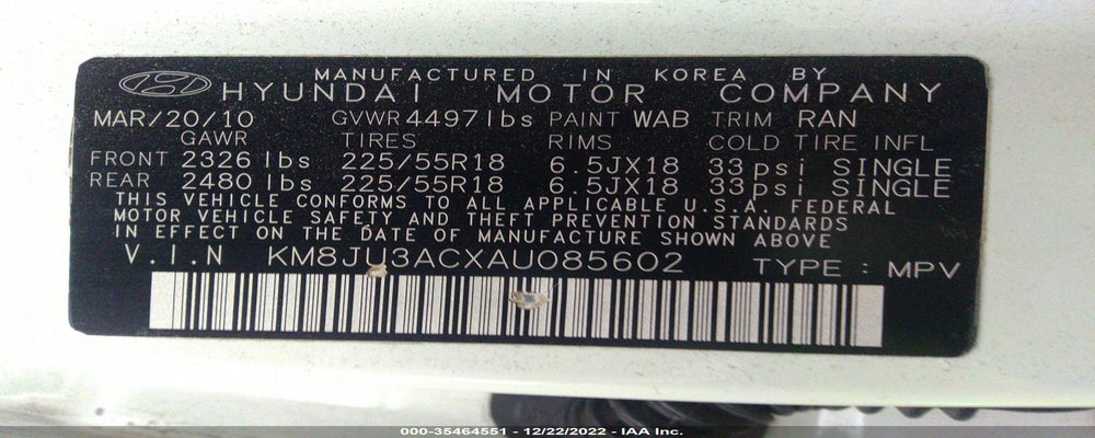 KM8JU3ACXAU085602 2010 HYUNDAI TUCSON photo no. 9