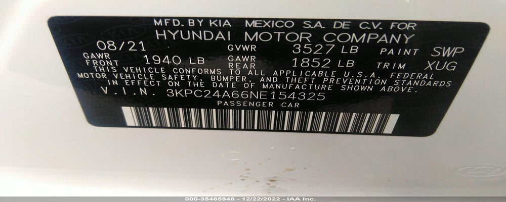 3KPCT4A66NE154325 2022 HYUNDAI ACCENT SE/SEL photo no. 9