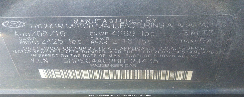 5NPEC4AC2BH124435 2011 HYUNDAI SONATA photo no. 9