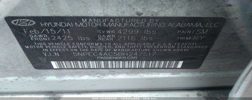 5NPEC4AC5BH247517 2011 HYUNDAI SONATA photo no. 9