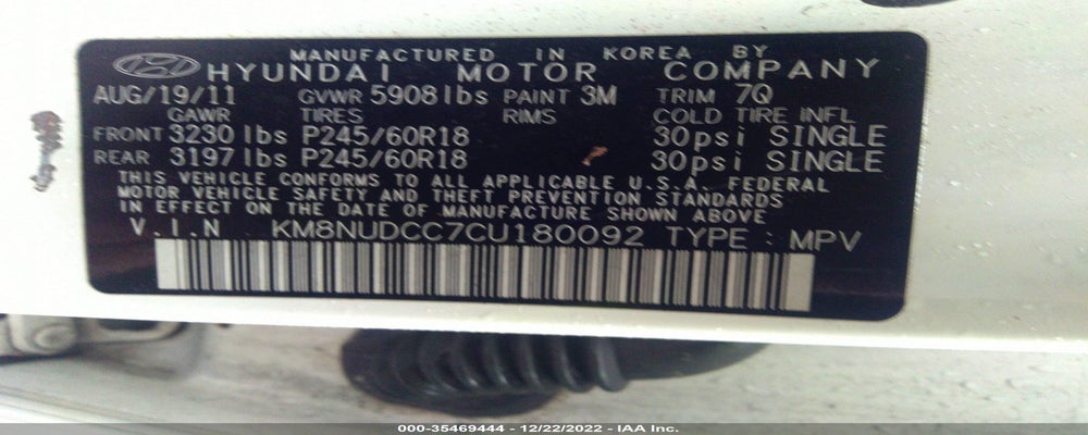 KM8NUDCC7CU180092 2012 HYUNDAI VERACRUZ photo no. 9