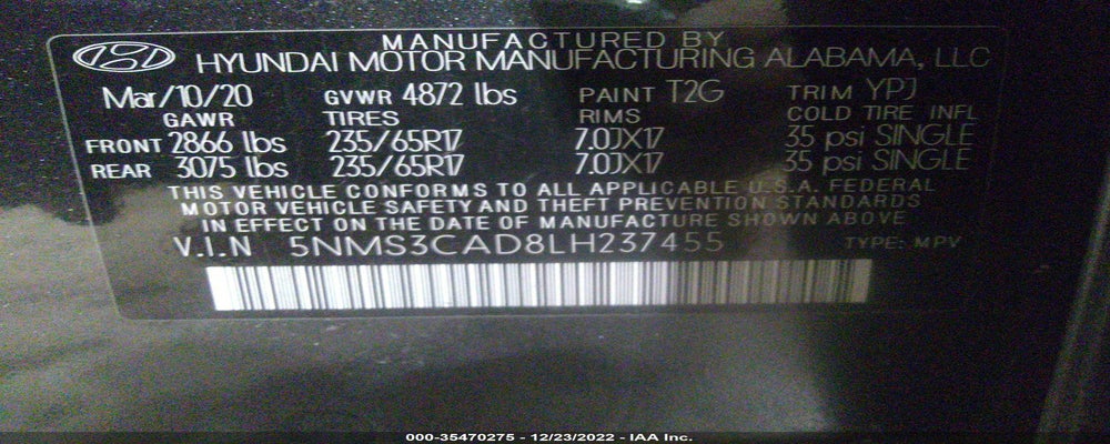 5NMS3CAD8LH237455 2020 HYUNDAI SANTA FE photo no. 9