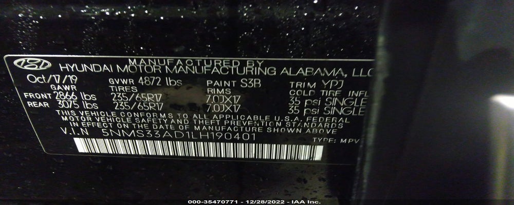 5NMS33AD1LH190401 2020 HYUNDAI SANTA FE photo no. 9