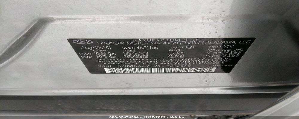 5NMS3CAD4LH272378 2020 HYUNDAI SANTA FE photo no. 9