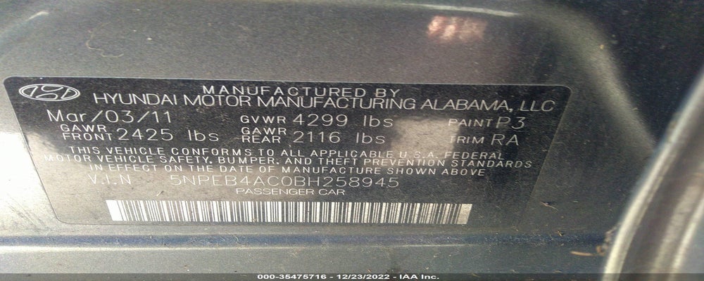 5NPEB4AC0BH258945 2011 HYUNDAI SONATA photo no. 9