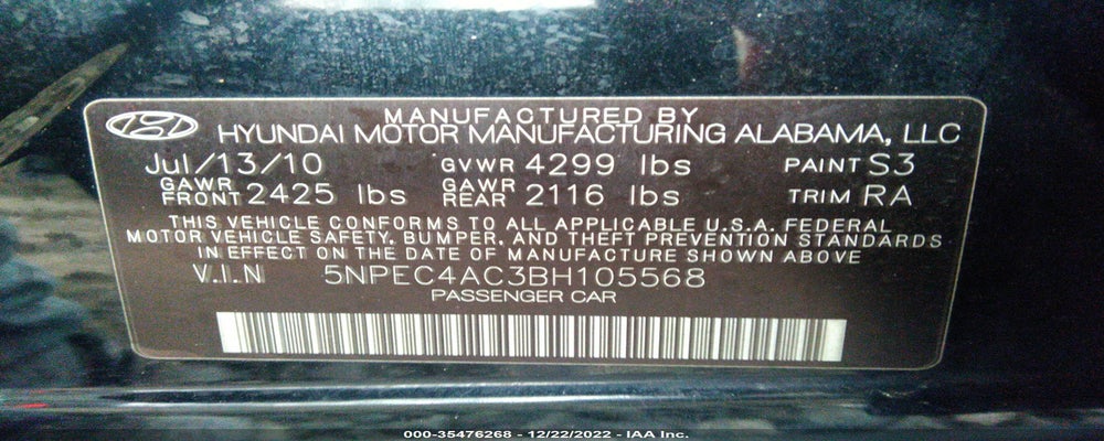 5NPEC4AC3BH105568 2011 HYUNDAI SONATA photo no. 9
