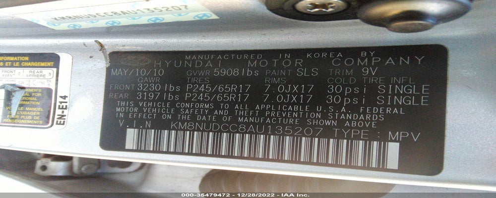 KM8NUDCC8AU135207 2010 HYUNDAI VERACRUZ photo no. 9