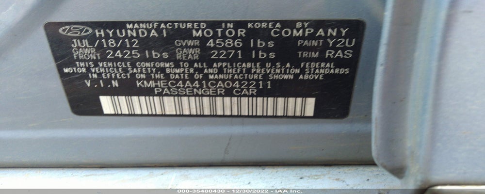 KMHEC4A41CA042211 2012 HYUNDAI SONATA photo no. 9
