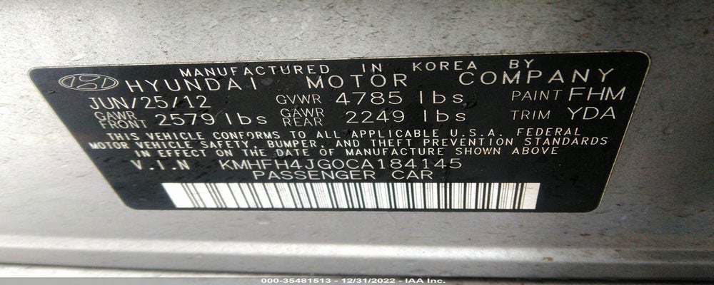 KMHFH4JG0CA184145 2012 HYUNDAI AZERA photo no. 9