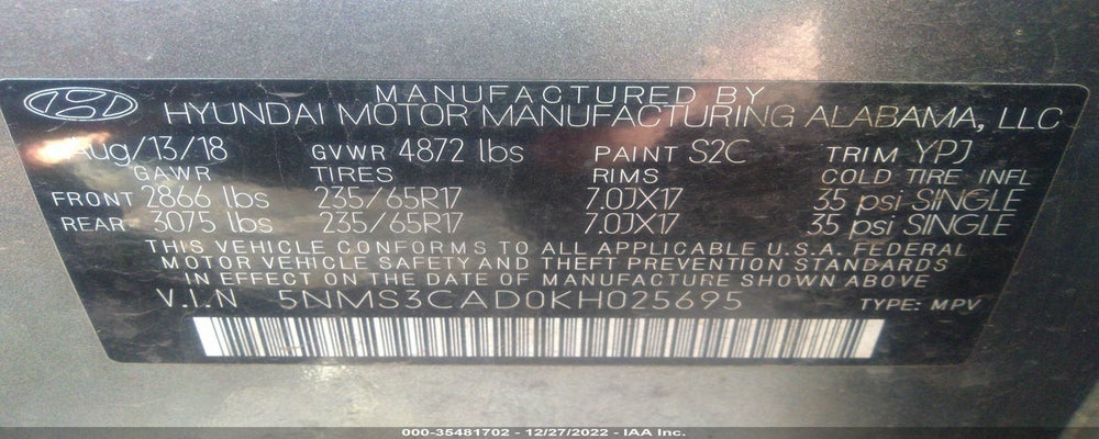5NMS3CAD0KH025695 2019 HYUNDAI SANTA FE photo no. 9