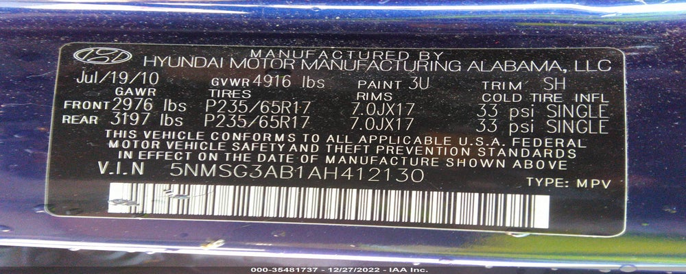 5NMSG3AB1AH412130 2010 HYUNDAI SANTA FE photo no. 9