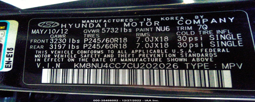 KM8NU4CC7CU202026 2012 HYUNDAI VERACRUZ photo no. 9