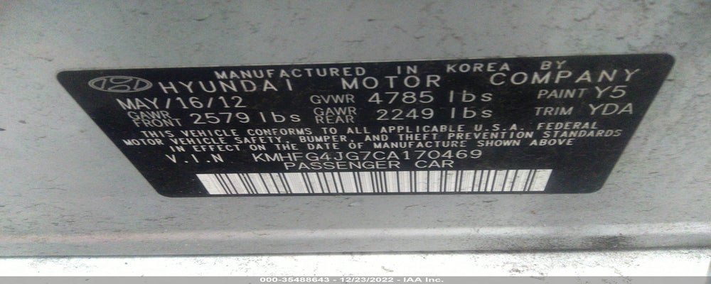 KMHFG4JG7CA170469 2012 HYUNDAI AZERA photo no. 9