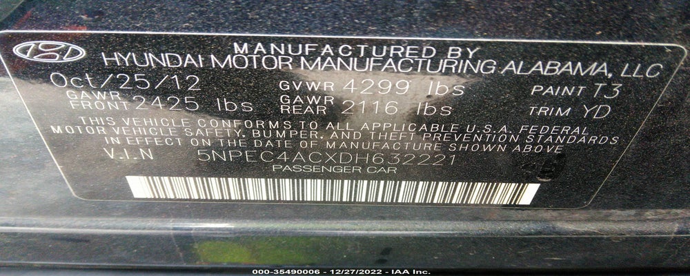 5NPEC4ACXDH632221 2013 HYUNDAI SONATA photo no. 9