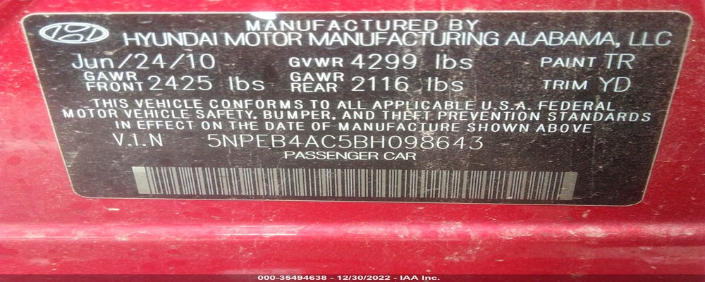 5NPEB4AC5BH098643 2011 HYUNDAI SONATA photo no. 9