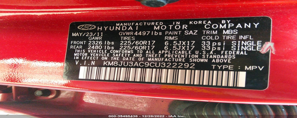 KM8JU3AC9CU322292 2012 HYUNDAI TUCSON photo no. 9