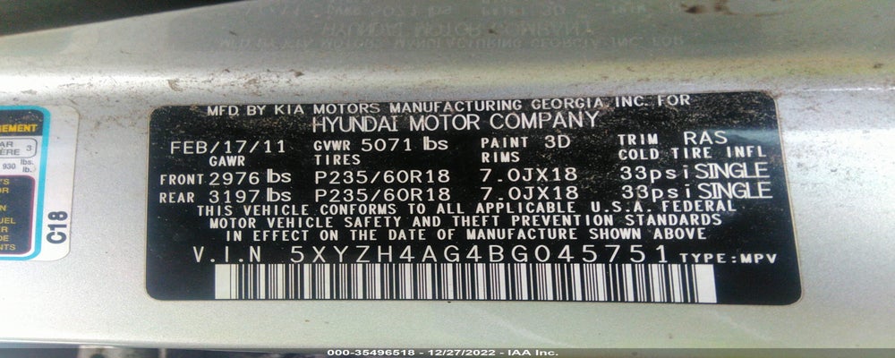 5XYZHDAG4BG045751 2011 HYUNDAI SANTA FE photo no. 9