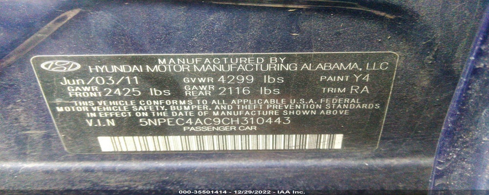 5NPEC4AC9CH310443 2012 HYUNDAI SONATA photo no. 9