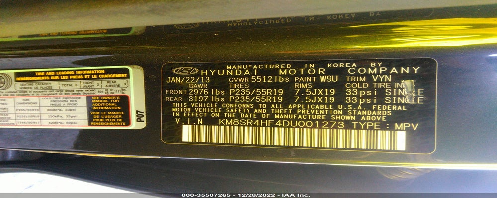 KM8SR4HF4DU001273 2013 HYUNDAI SANTA FE photo no. 9