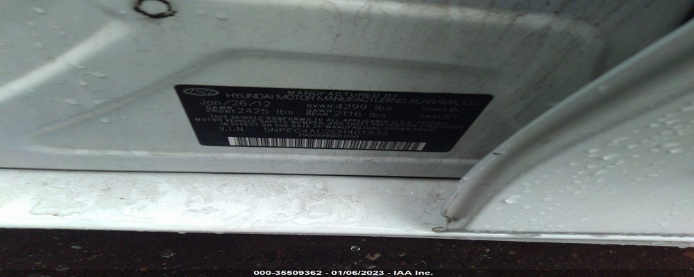5NPEC4AC2CH461933 2012 HYUNDAI SONATA photo no. 9
