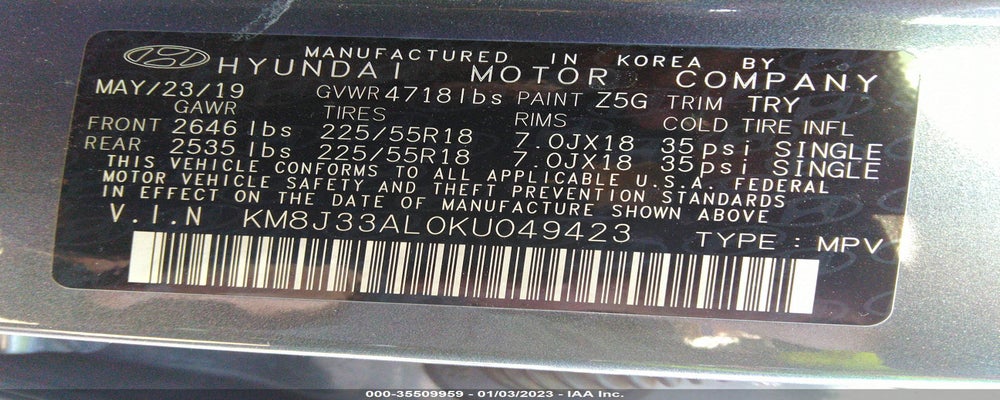 KM8J33AL0KU049423 2019 HYUNDAI TUCSON photo no. 9