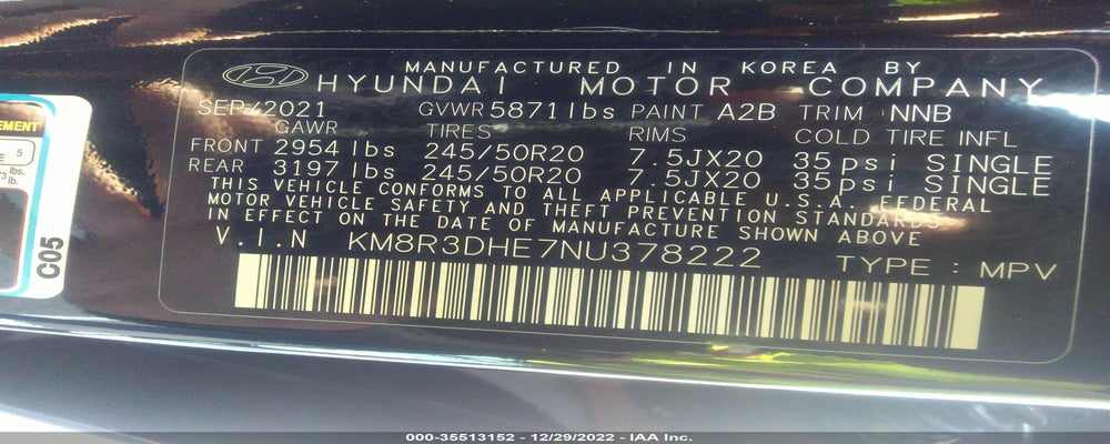KM8R3DHE7NU378222 2022 HYUNDAI PALISADE photo no. 9