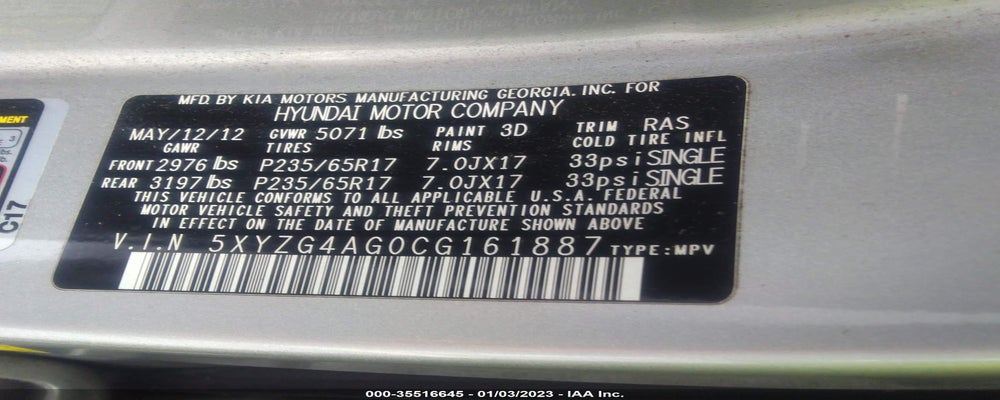 5XYZG4AG0CG161887 2012 HYUNDAI SANTA FE photo no. 9