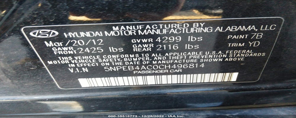 5NPEB4AC0CH496814 2012 HYUNDAI SONATA photo no. 9