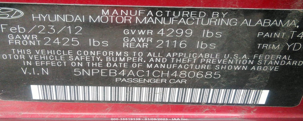 5NPEB4AC1CH480685 2012 HYUNDAI SONATA photo no. 9